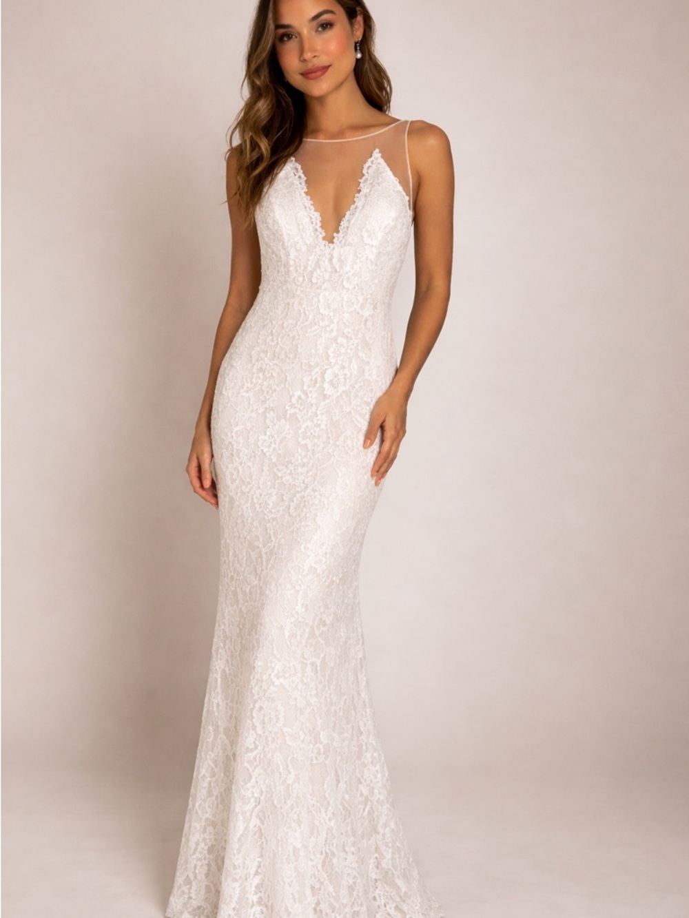 Lulu's Ivory Lace Sheath Wedding Gown with Illusion V-Neck